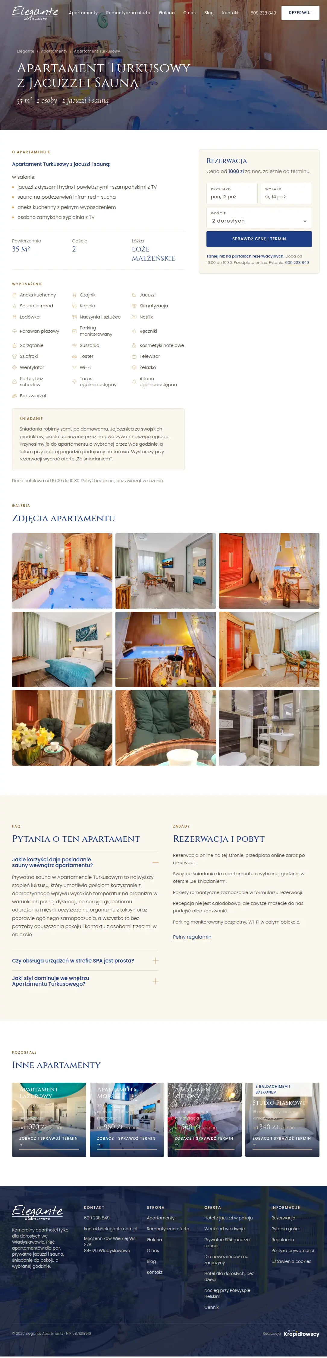 Strona Apartamentu Turkusowego z panelem rezerwacji, pełny widok