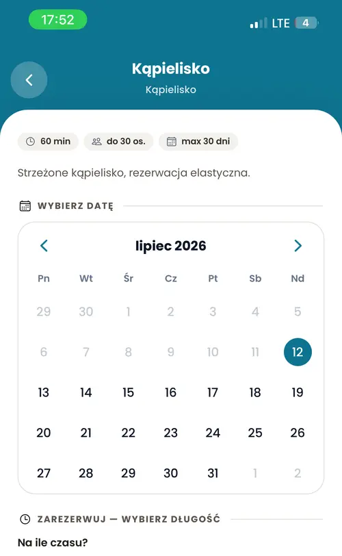 Rezerwacja kąpieliska — kalendarz i wybór długości