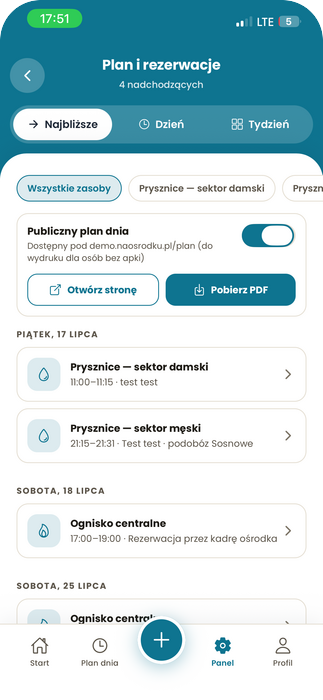 Plan i rezerwacje — grafik całej bazy